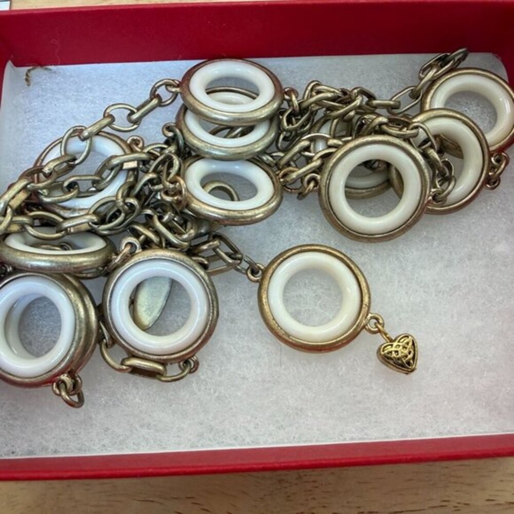 Talbots Gold & White Circle Pendant Necklace With Heart Charm